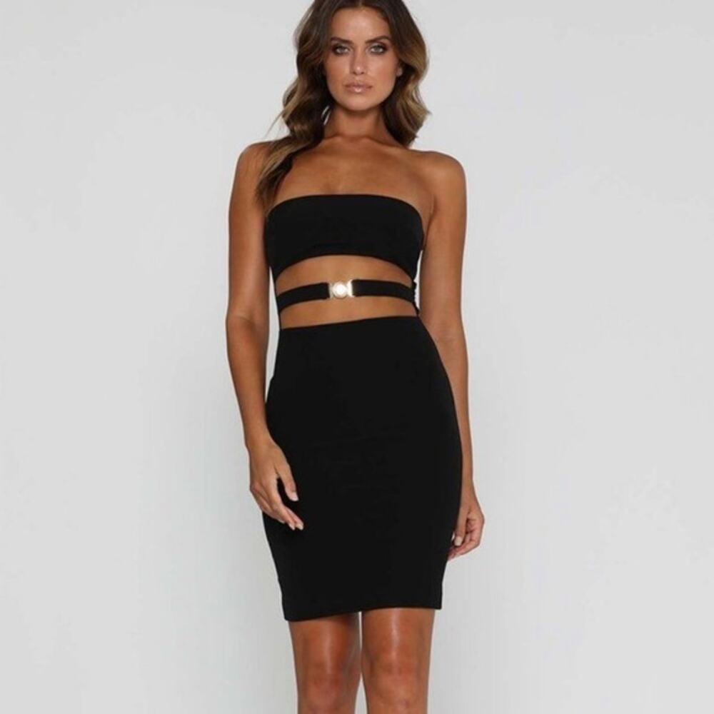 MESHKI Esma Strapless Cutout Black Mini Dress Gold Belted Tube Dress, XS